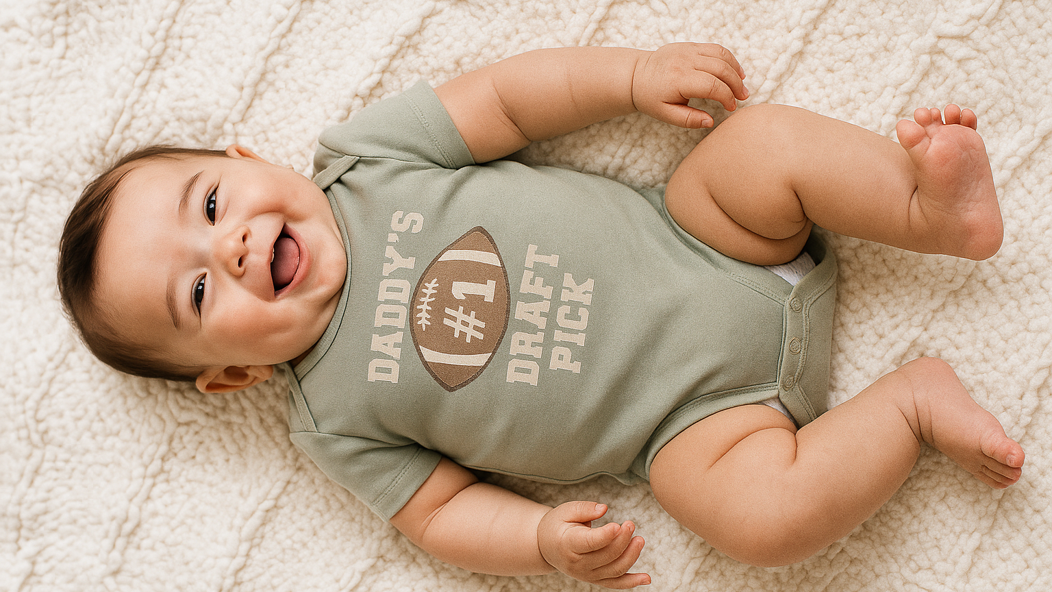 Baby wearing a green onesie with text and a football graphic on a textured surface