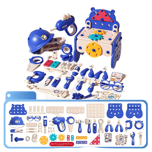 Children's toy workshop set with tools and accessories on a white background