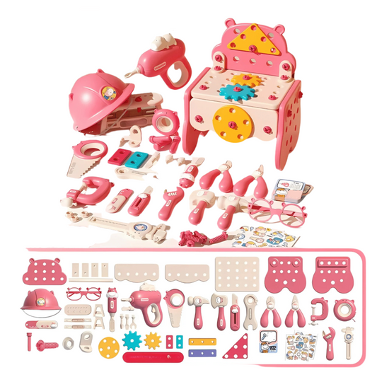 Pink toy tool set with various tools and accessories on a white background