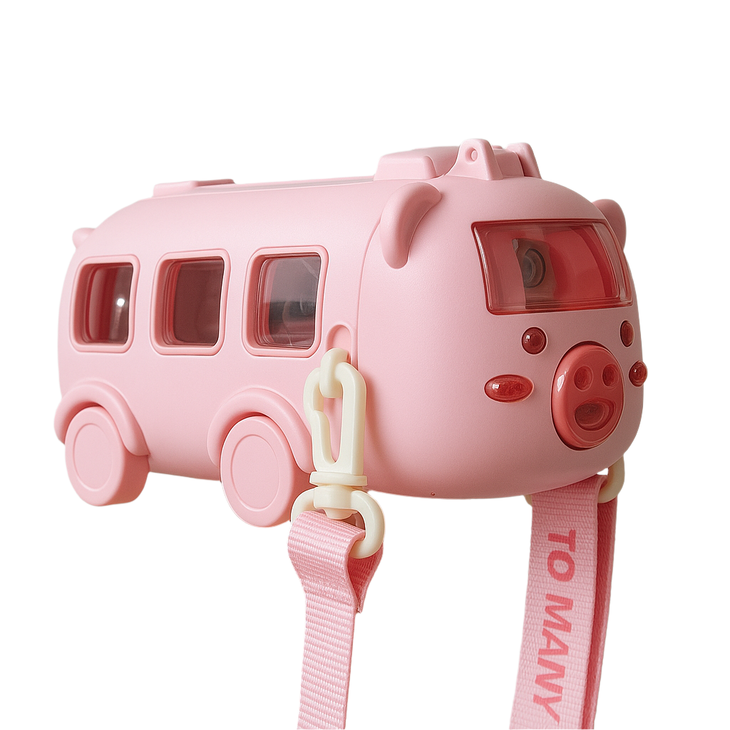 Pink Bus-shaped water bottle with a strap on a white background