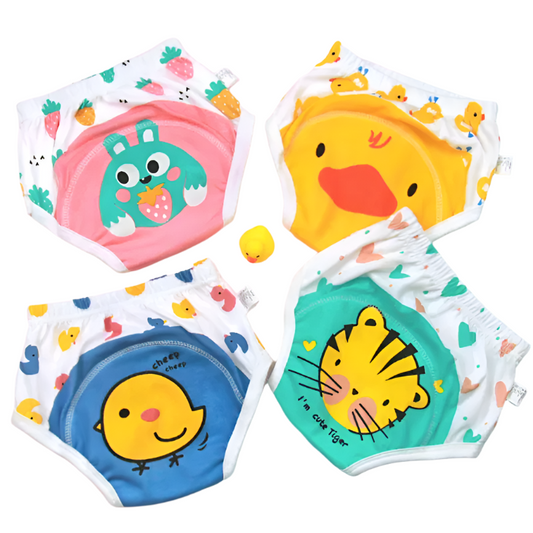 Four colorful baby pottyready diapers with animal prints on a white background