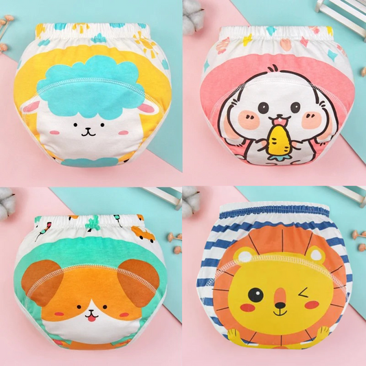 Four colorful children's cartoon-themed diapers on a pink and blue background.
