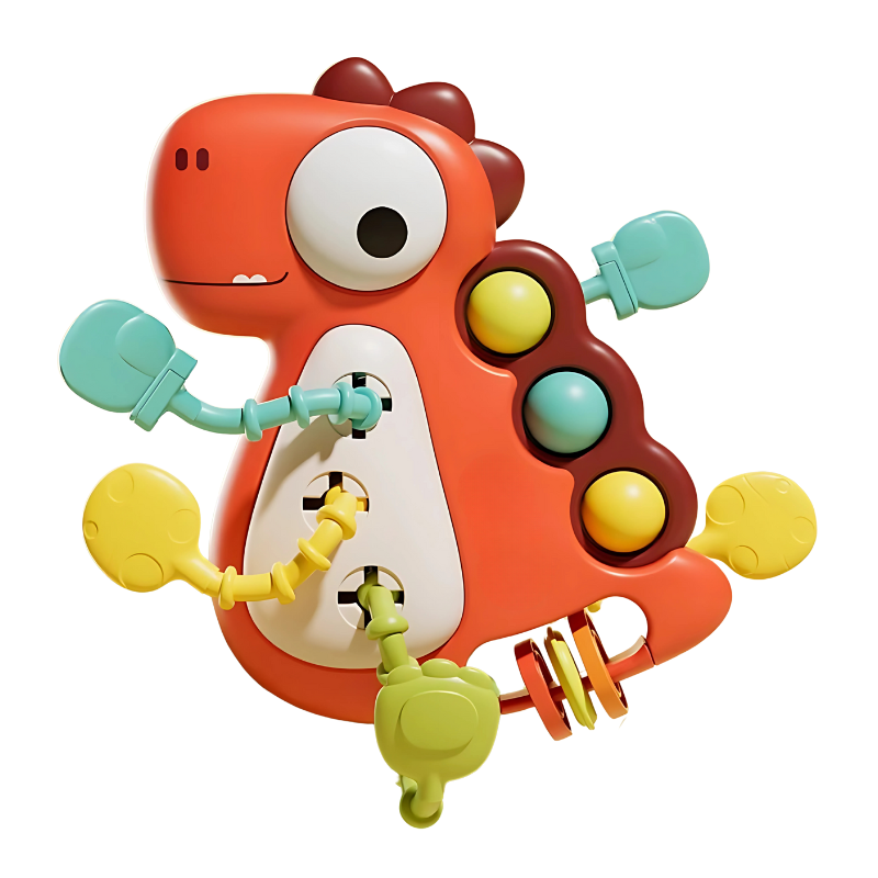 Colorful dinosaur-shaped toy with various textures and colors on a white background
