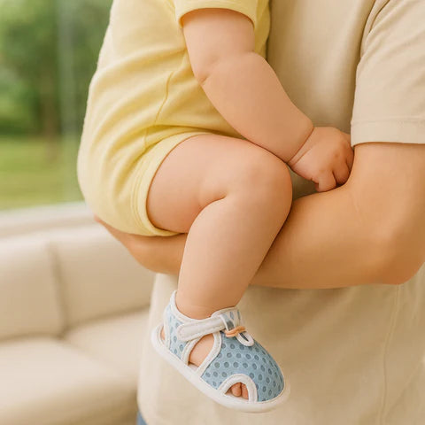 Baby wearing blue sandals with a light background