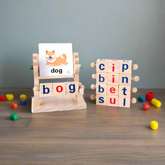 Wooden letter blocks with a stand and measurements on a white background