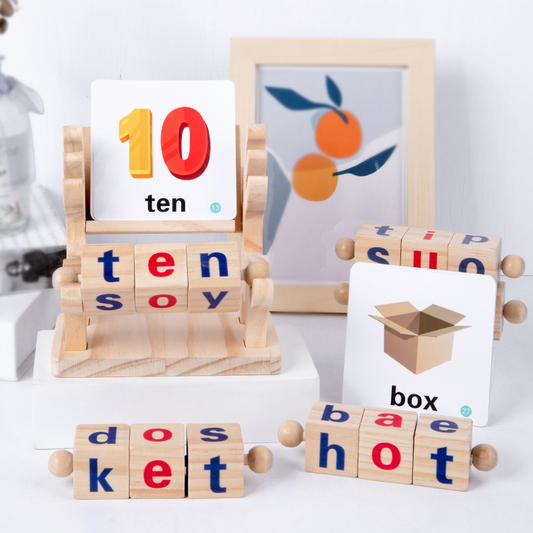 Wooden educational blocks with letters and numbers on a white background
